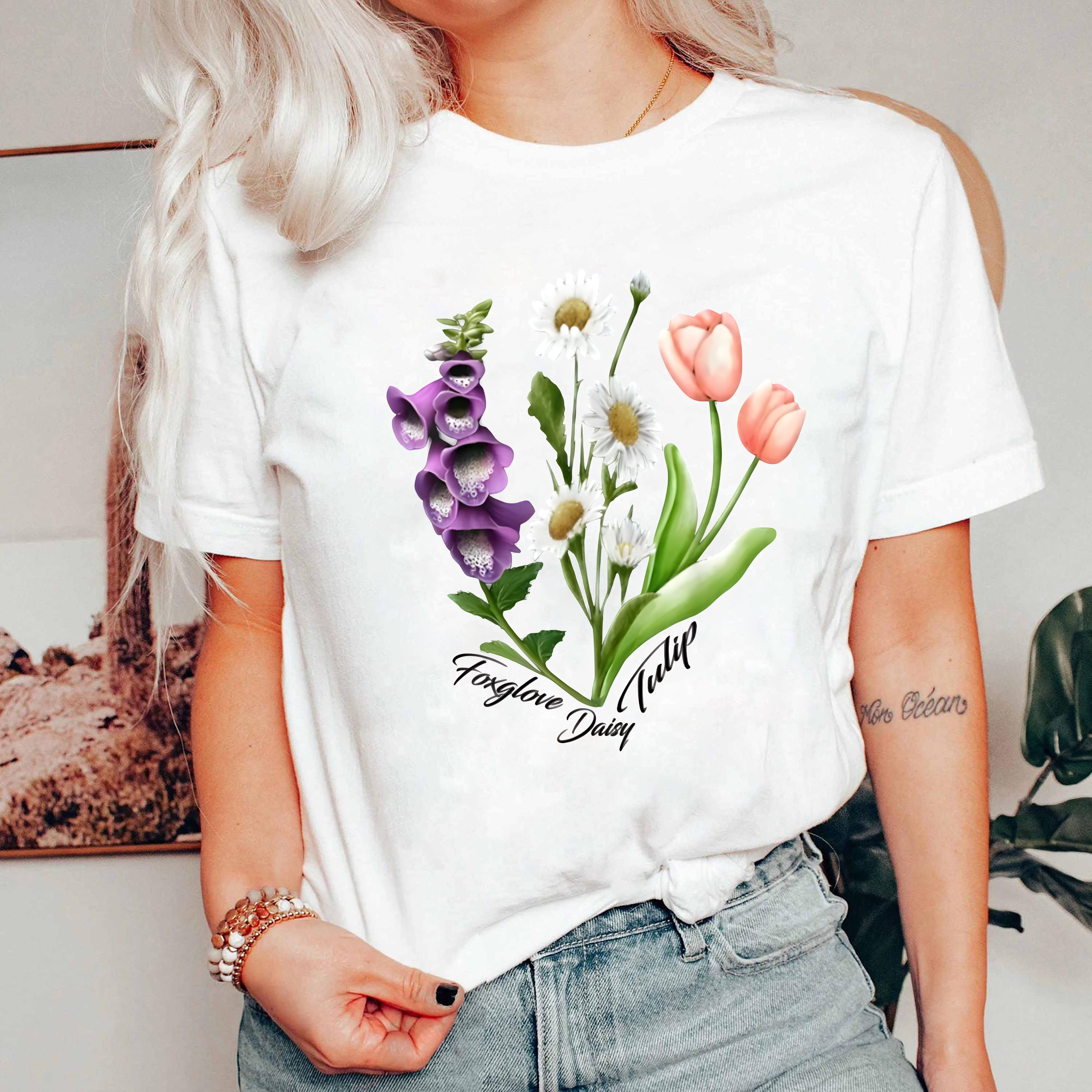 Foxglove Daisy Tulip Shirt, Vintage Botanical Flower Tee, Wildflower Graphic T-Shirt, Nature Garden Lover Gift, Boho Floral Top