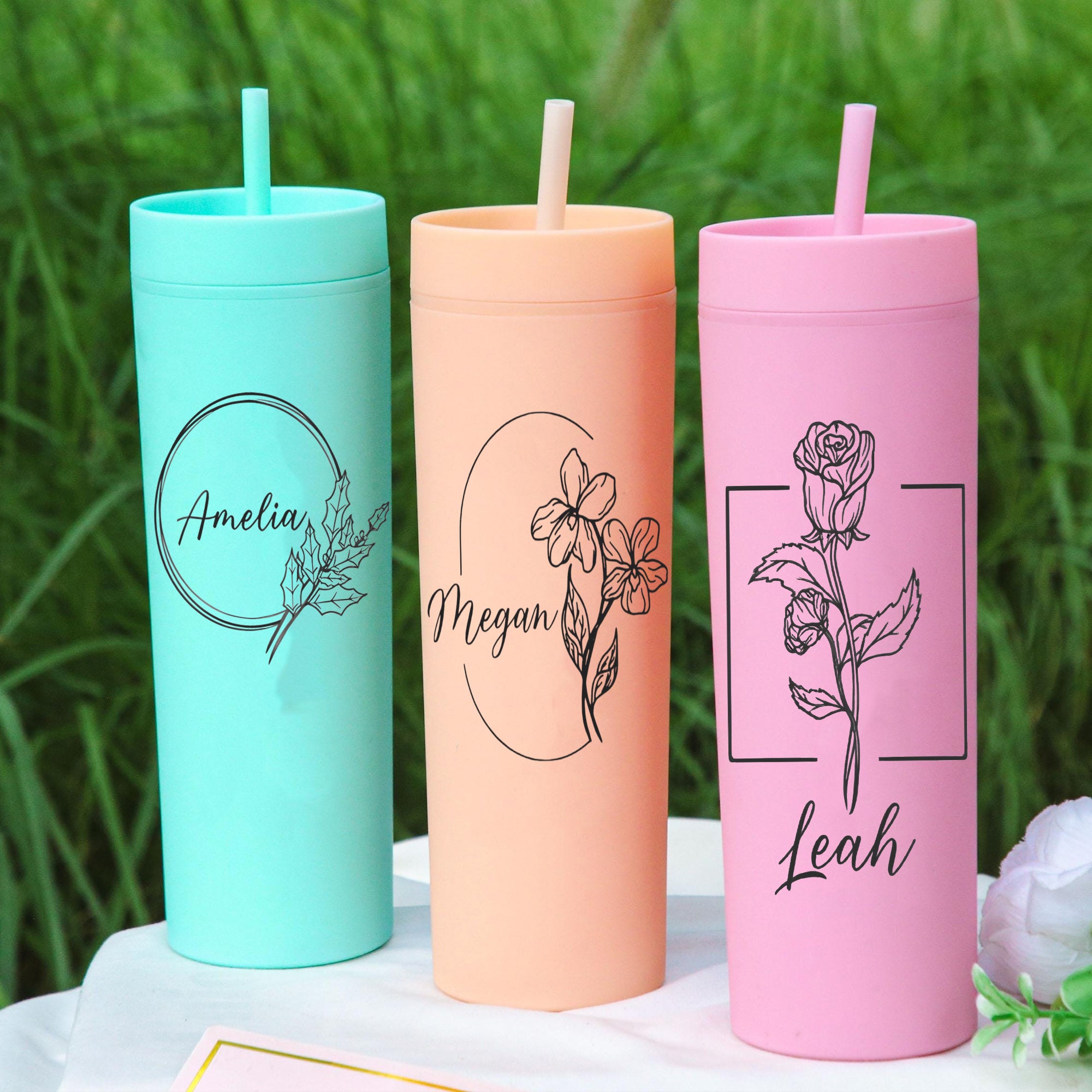 Personalized Monthly Bloom Skinny Tumbler With Name, Custom Name Cup With Straw, Hot Cold Skinny Travel Mug, Bridesmaid Gift, Birthday Gift For Her Mother