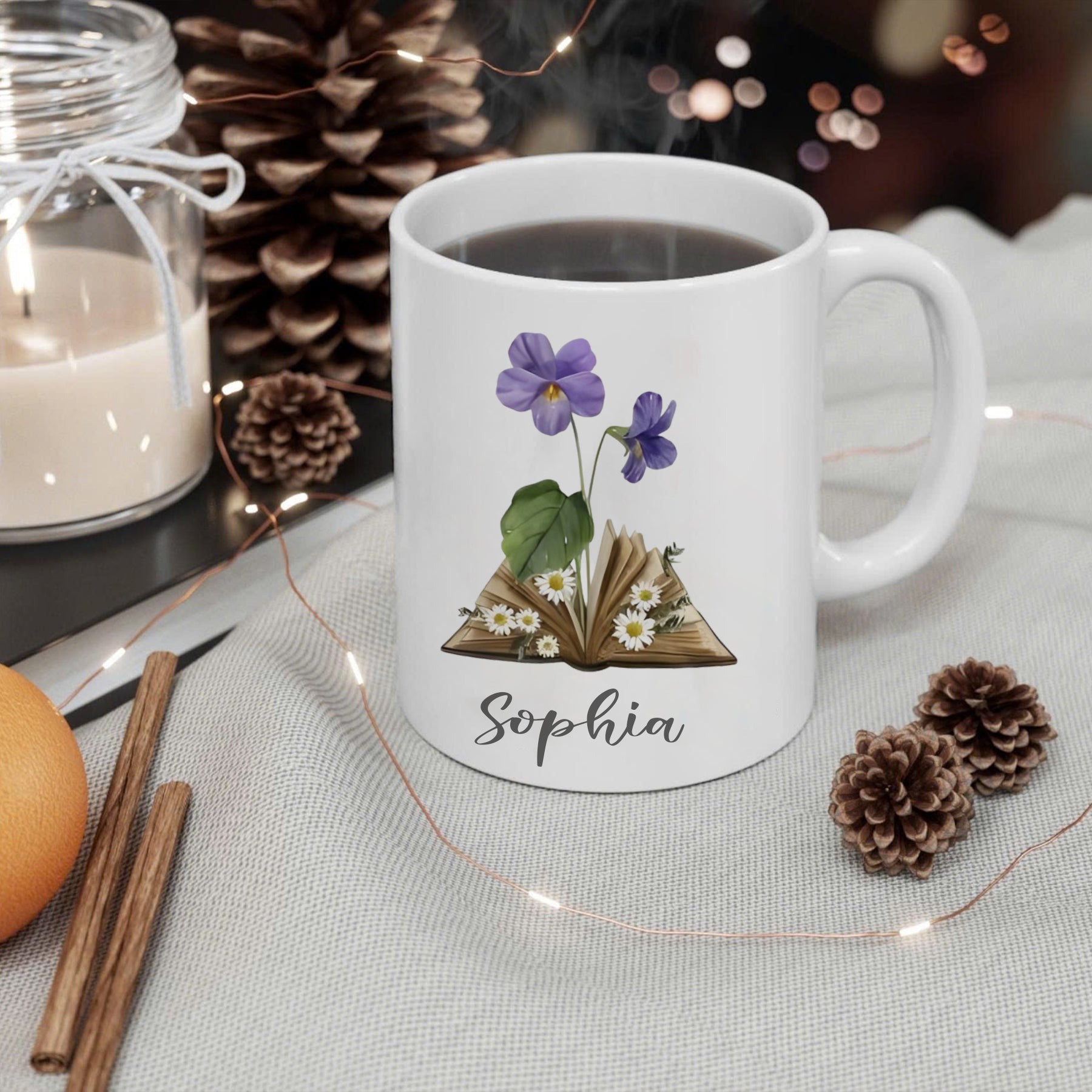 Personalized Book and Flower Mug, Custom Name Coffee Cup with Literary Floral Design, Unique Gift for Book Lovers, Readers, and Her Birthday