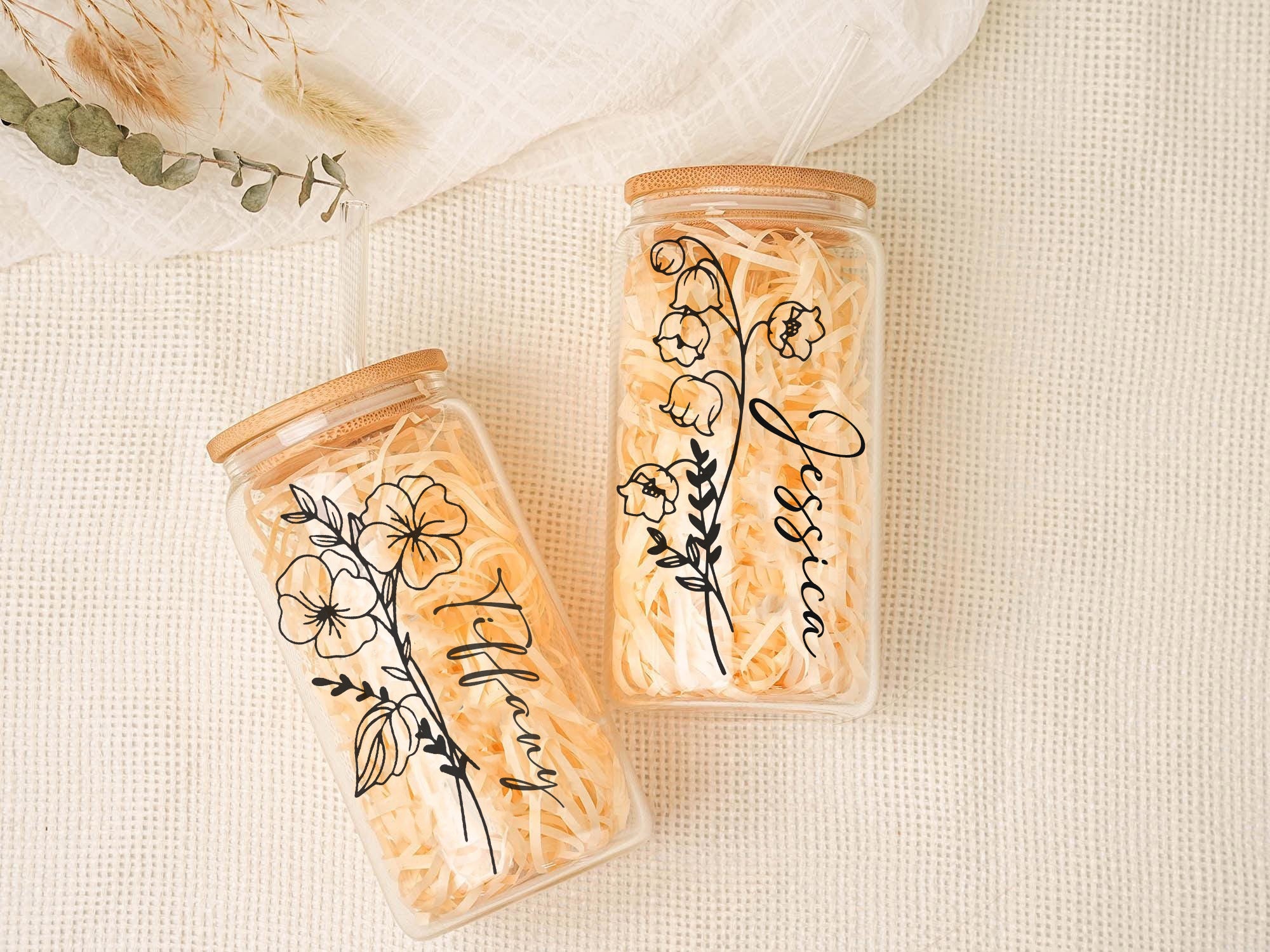 Personalized Glass Tumbler with Name & Flower Design, Custom Bamboo Lid Cup with Straw, Bridesmaid Gift, Birthday Gift, Christmas Gift