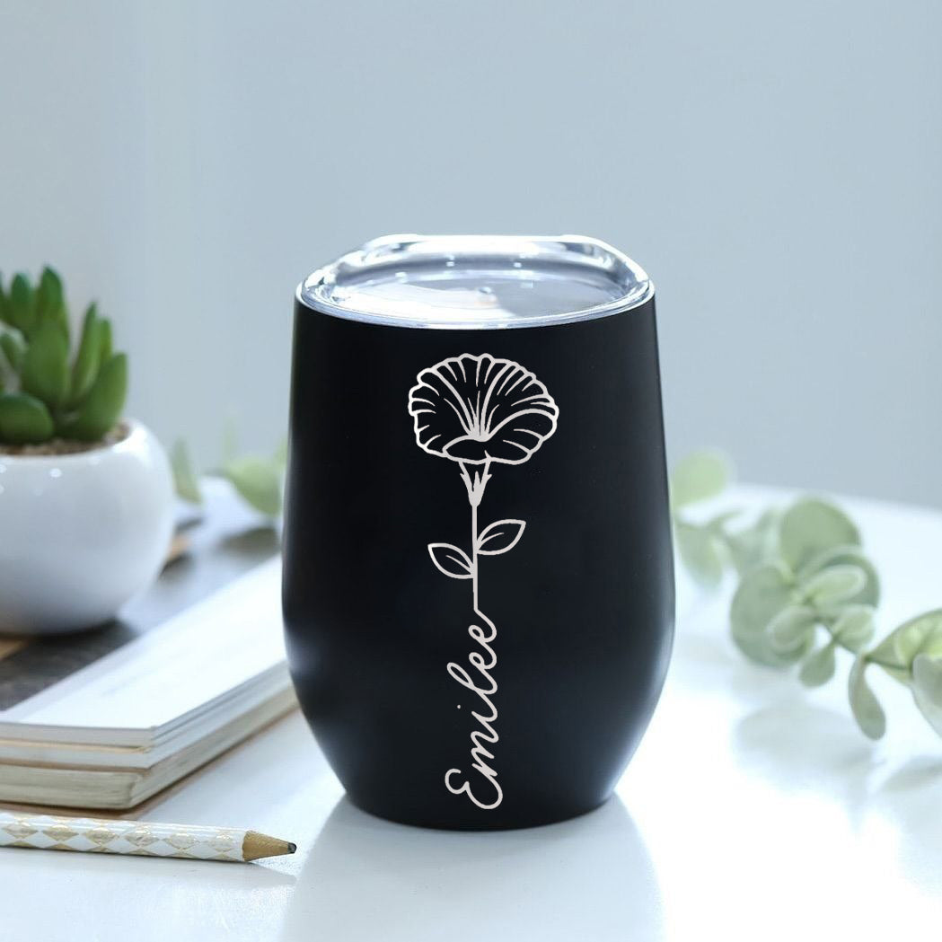 Personalized Birth Flower Wine Tumbler with Name, Custom Stainless Steel Floral Cup, Colorful Insulated Birthday Gift for Her