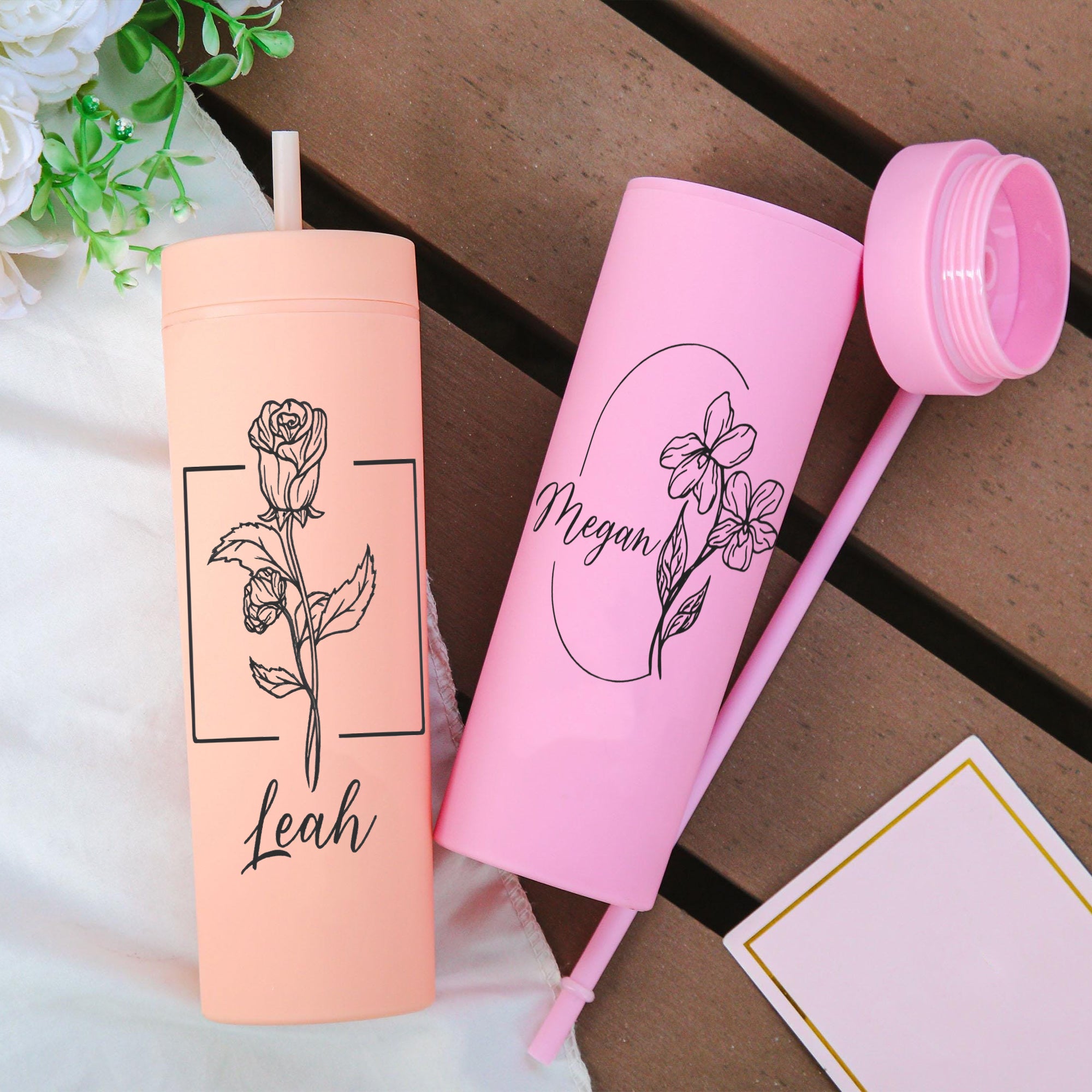 Personalized Monthly Bloom Skinny Tumbler With Name, Custom Name Cup With Straw, Hot Cold Skinny Travel Mug, Bridesmaid Gift, Birthday Gift For Her Mother