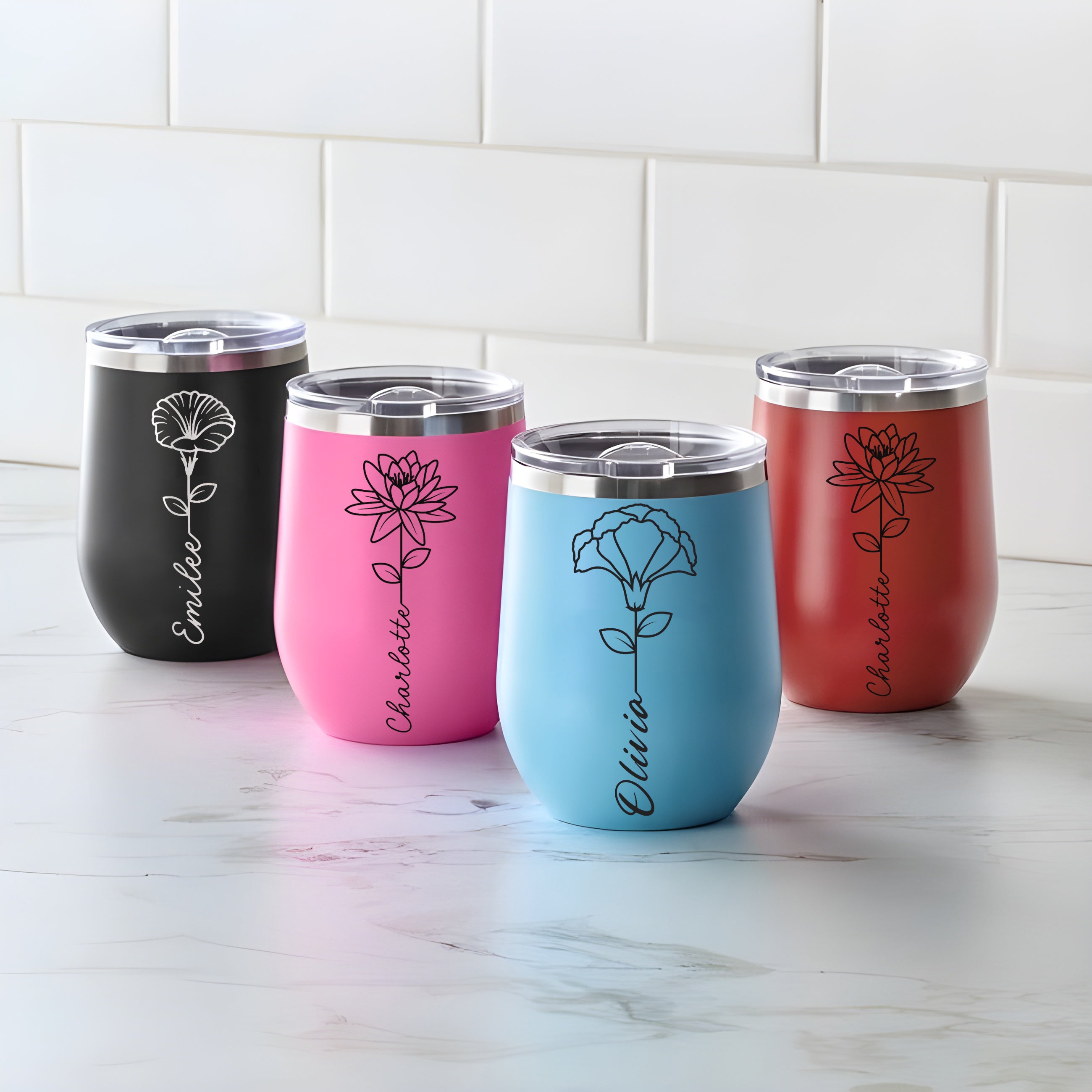 Personalized Birth Flower Wine Tumbler with Name, Custom Stainless Steel Floral Cup, Colorful Insulated Birthday Gift for Her