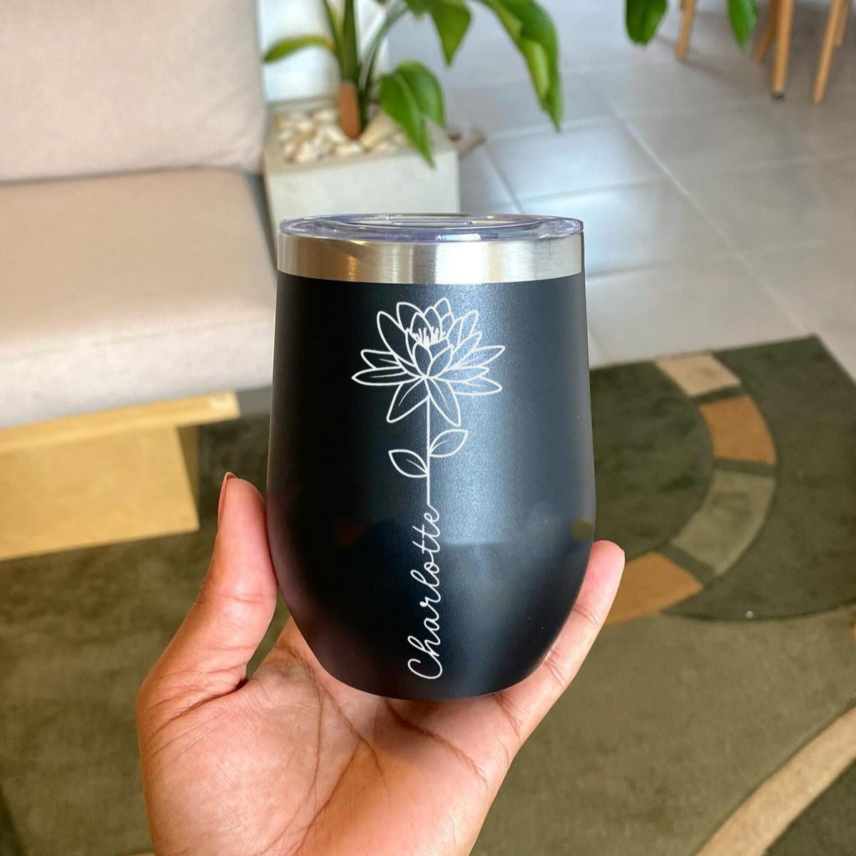 Personalized Birth Flower Wine Tumbler with Name, Custom Stainless Steel Floral Cup, Colorful Insulated Birthday Gift for Her