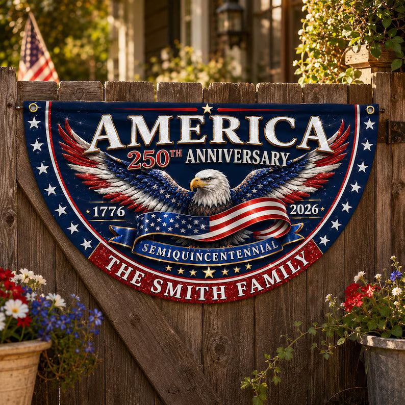 Custom Family Name America 250th Anniversary Fan Flag, 1776-2026 Semiquincentennial Patriotic Eagle Bunting, USA Outdoor Fence Decor. BPETAL10