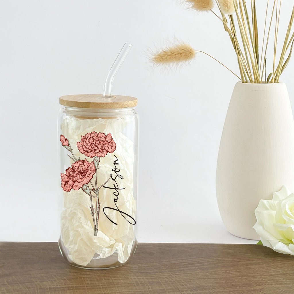 Personalized Birth Flower Tumbler With Name, Birth Flower Glass, Coffee Cup, Mothers Day, Gifts for Her , Bridesmaid Proposal, Party Favor
