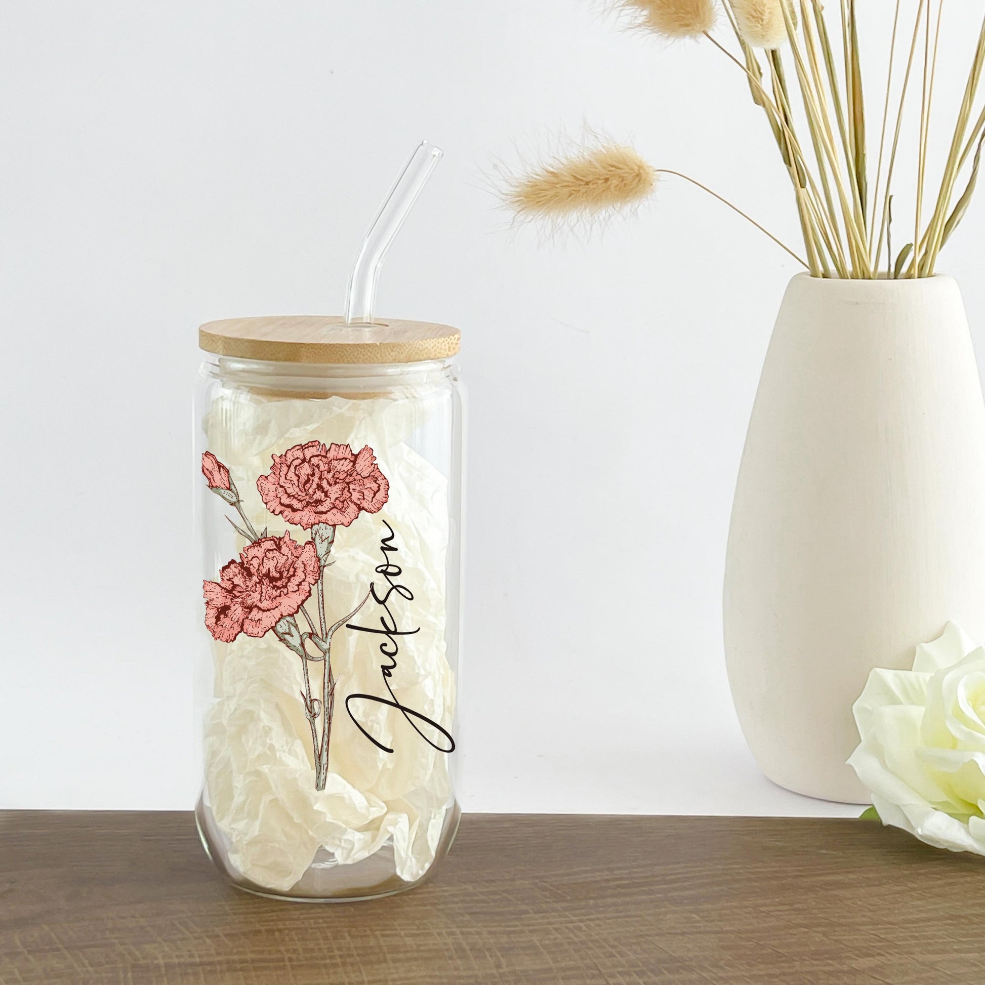 Personalized Birth Flower Tumbler With Name, Birth Flower Glass, Coffee Cup, Mothers Day, Gifts for Her , Bridesmaid Proposal, Party Favor