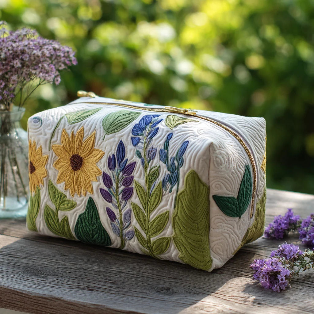 Quilted Wildflower Meadow Makeup Bag, Sunflower & Lavender Cosmetic Bag, Botanical Travel Toiletry Pouch, Cottagecore Floral Zipper Organizer Gift for Women – QMBPETAL70