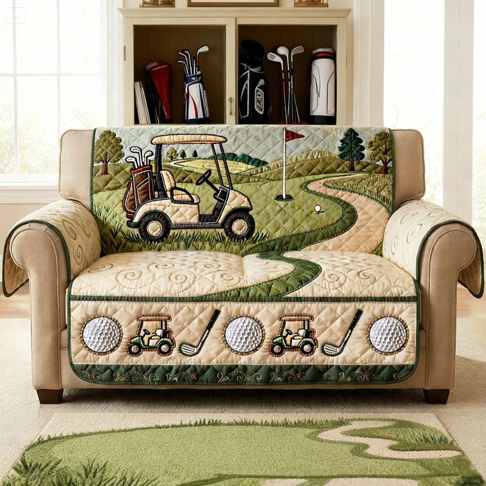 Golf Course Quilted Sofa Cover, Golf Pattern Sofa Cover, Patchwork Couch Throw, Sofa Protector, Holiday Sofa Decor QUILTSOFA60