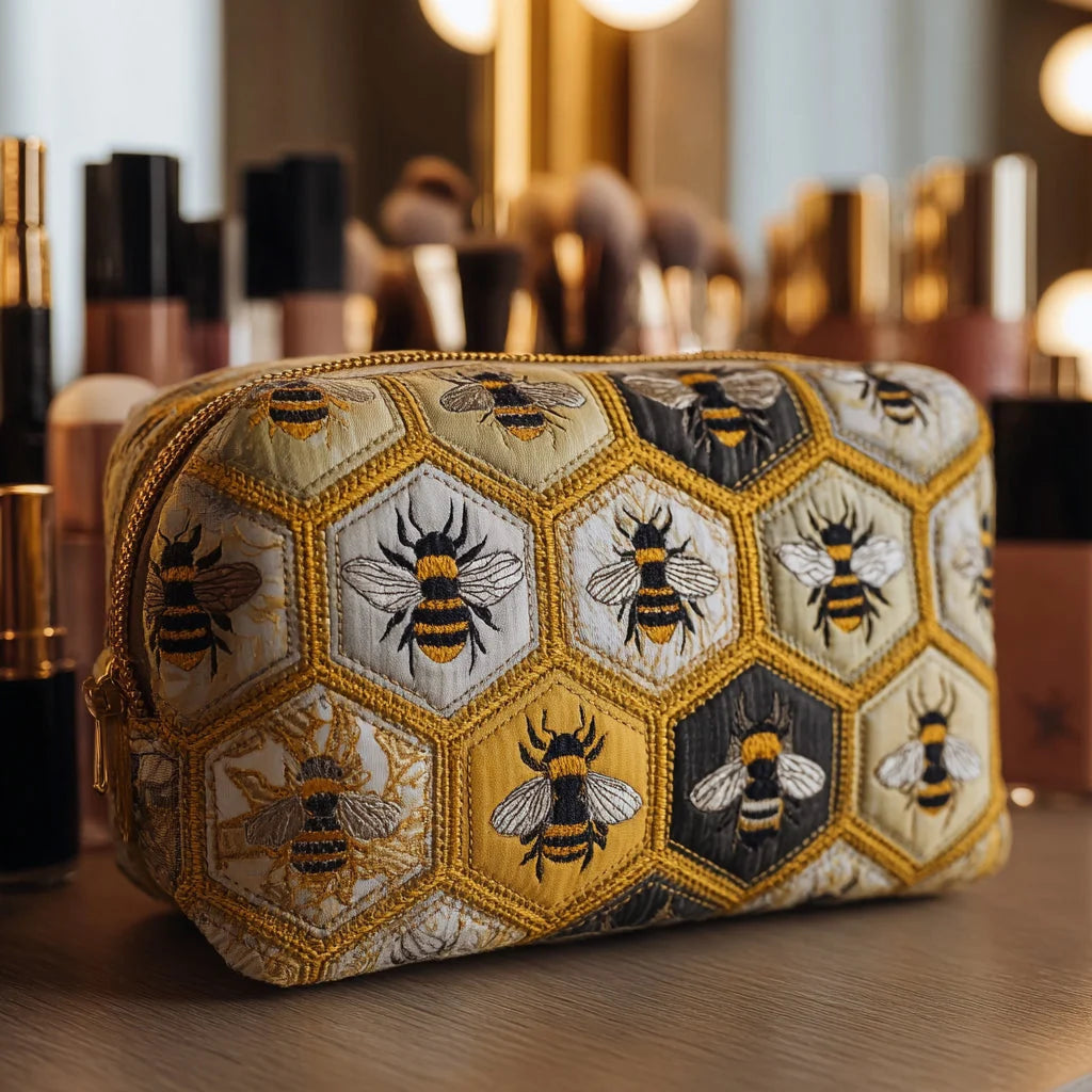 Quilted Honey Bee Makeup Bag, Honeycomb Cosmetic Bag, Bee Lover Travel Toiletry Pouch, Nature-Inspired Zipper Organizer Gift for Women – QMBPETAL71