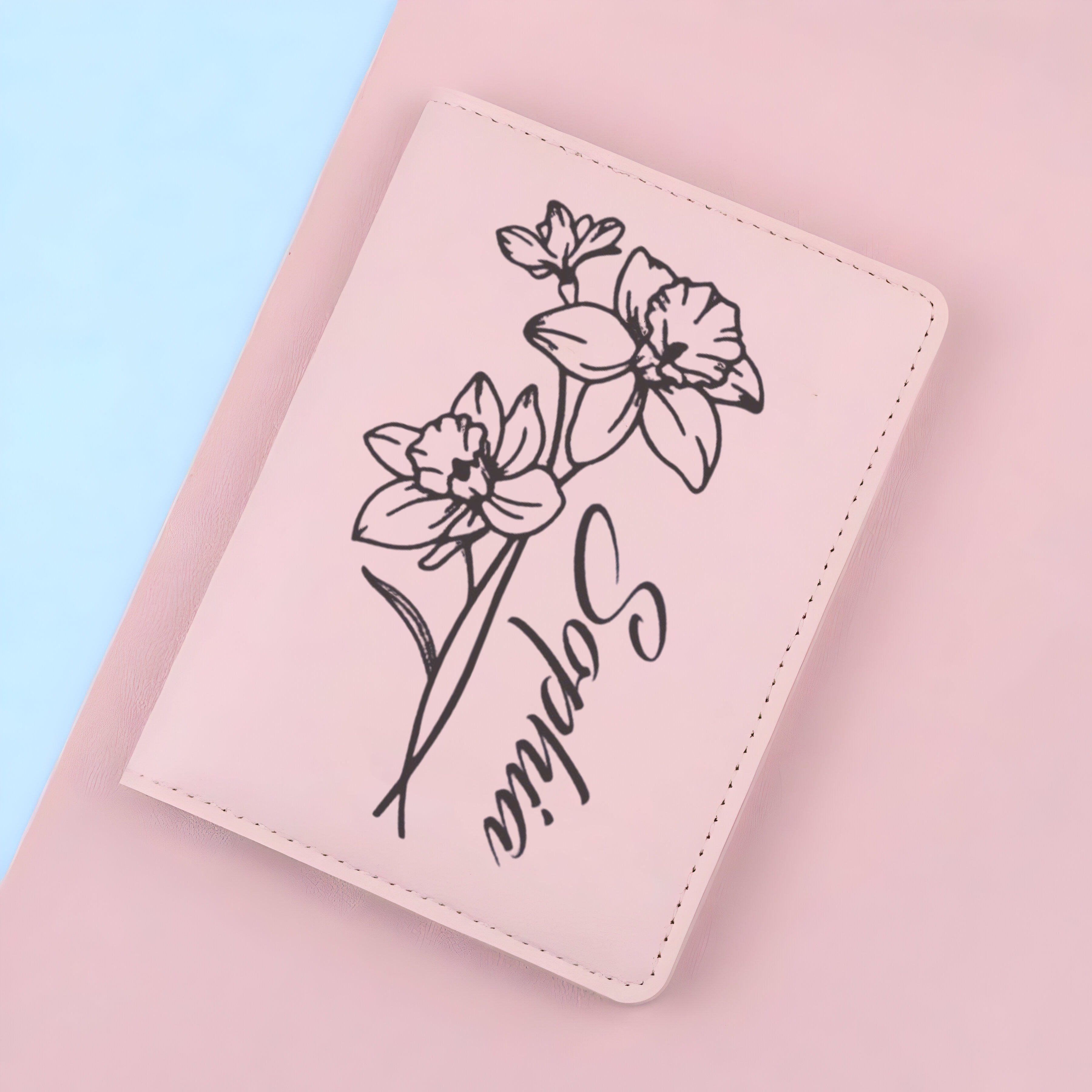 Personalized Birth Flower Leather Passport Cover, Custom Name Passport Holder, Floral Travel Wallet Gift for Women Travelers