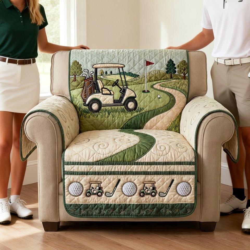 Golf Course Quilted Sofa Cover, Golf Pattern Sofa Cover, Patchwork Couch Throw, Sofa Protector, Holiday Sofa Decor QUILTSOFA60