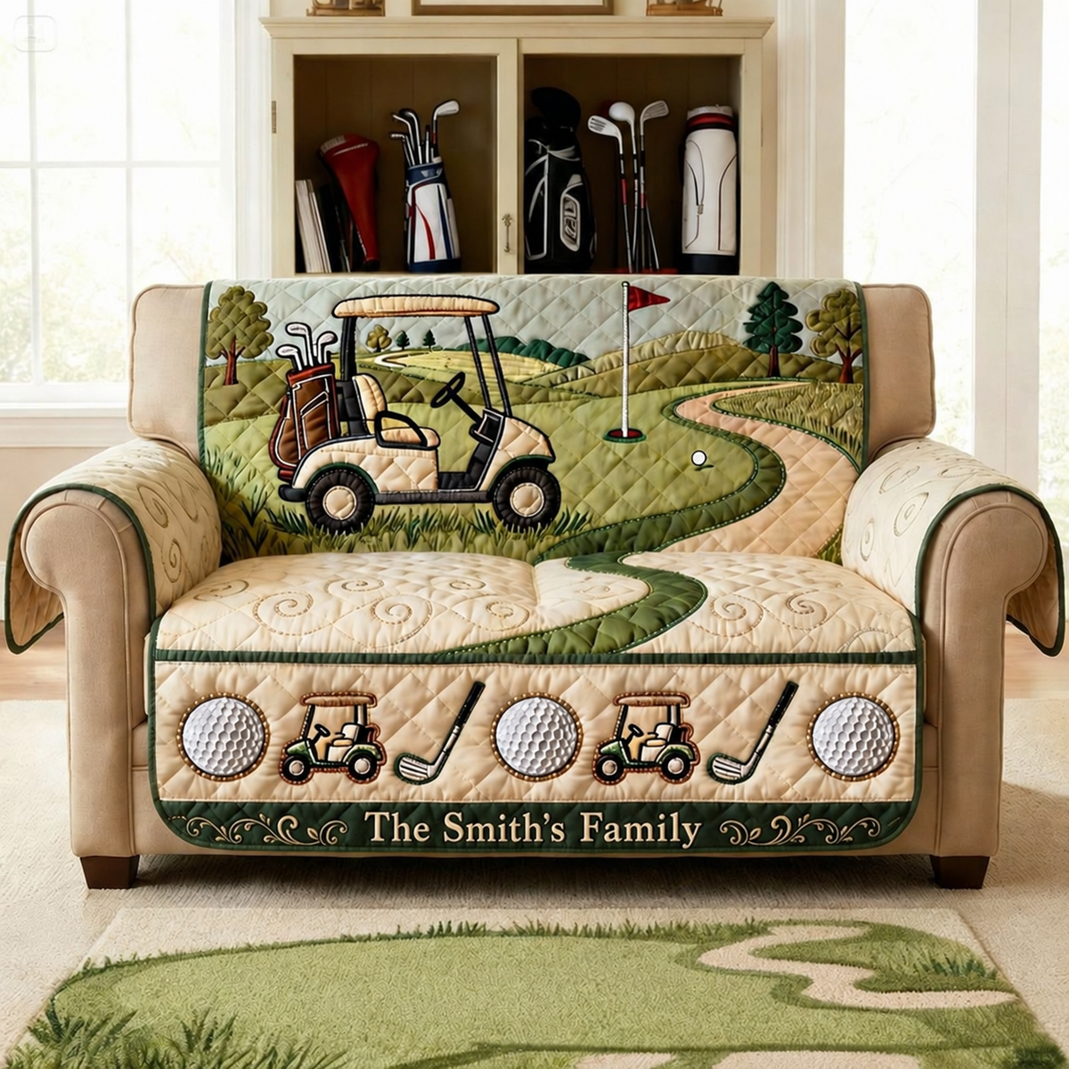 Golf Course Quilted Sofa Cover, Golf Pattern Sofa Cover, Patchwork Couch Throw, Sofa Protector, Holiday Sofa Decor QUILTSOFA60