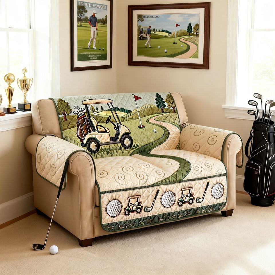 Golf Course Quilted Sofa Cover, Golf Pattern Sofa Cover, Patchwork Couch Throw, Sofa Protector, Holiday Sofa Decor QUILTSOFA60