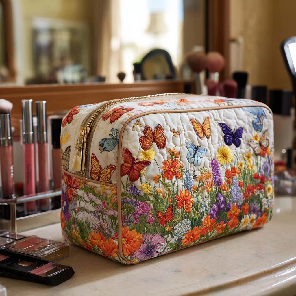 Quilted Wildflower & Butterfly Makeup Bag, Floral Cosmetic Bag, Butterfly Travel Toiletry Pouch, Garden-Inspired Zipper Organizer Gift for Women – QMBPETAL72