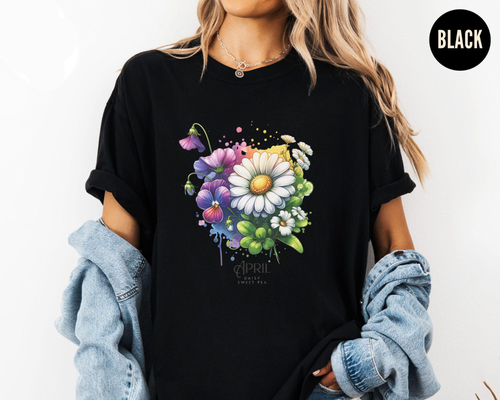 April Daisy Sweet Pea Shirt, April Birth Flower T-Shirt, April Birthday Gift Tee, Watercolor Floral Shirt, Custom Month Flower Tee