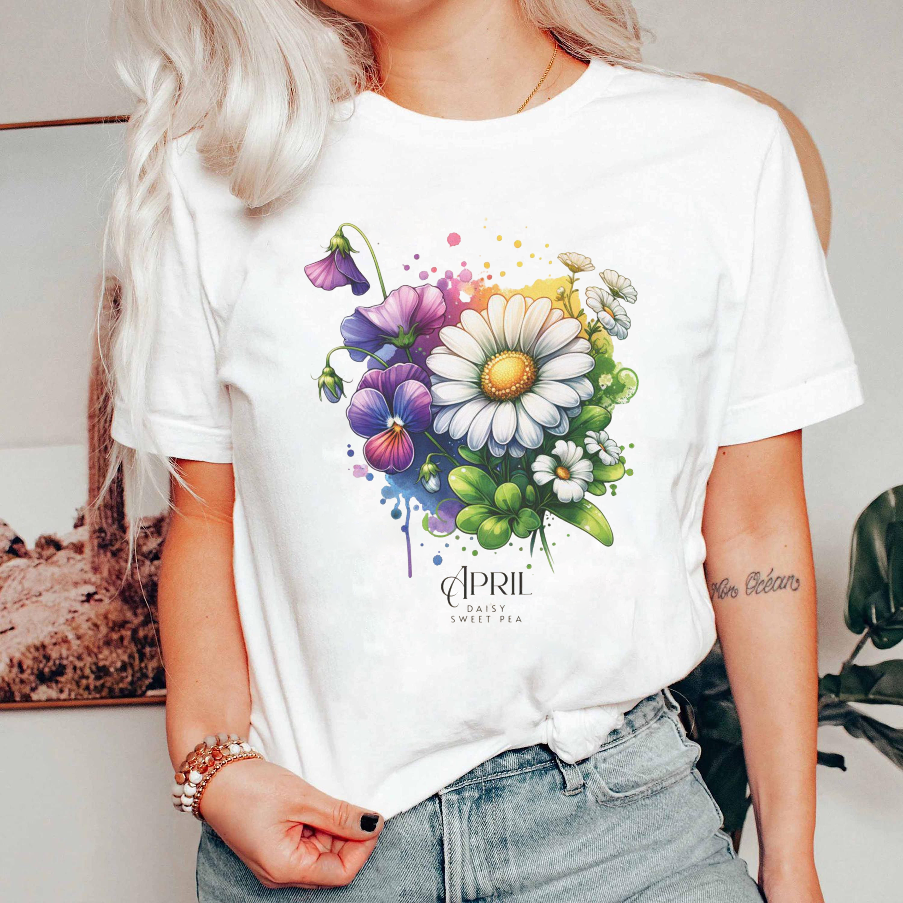 April Daisy Sweet Pea Shirt, April Birth Flower T-Shirt, April Birthday Gift Tee, Watercolor Floral Shirt, Custom Month Flower Tee