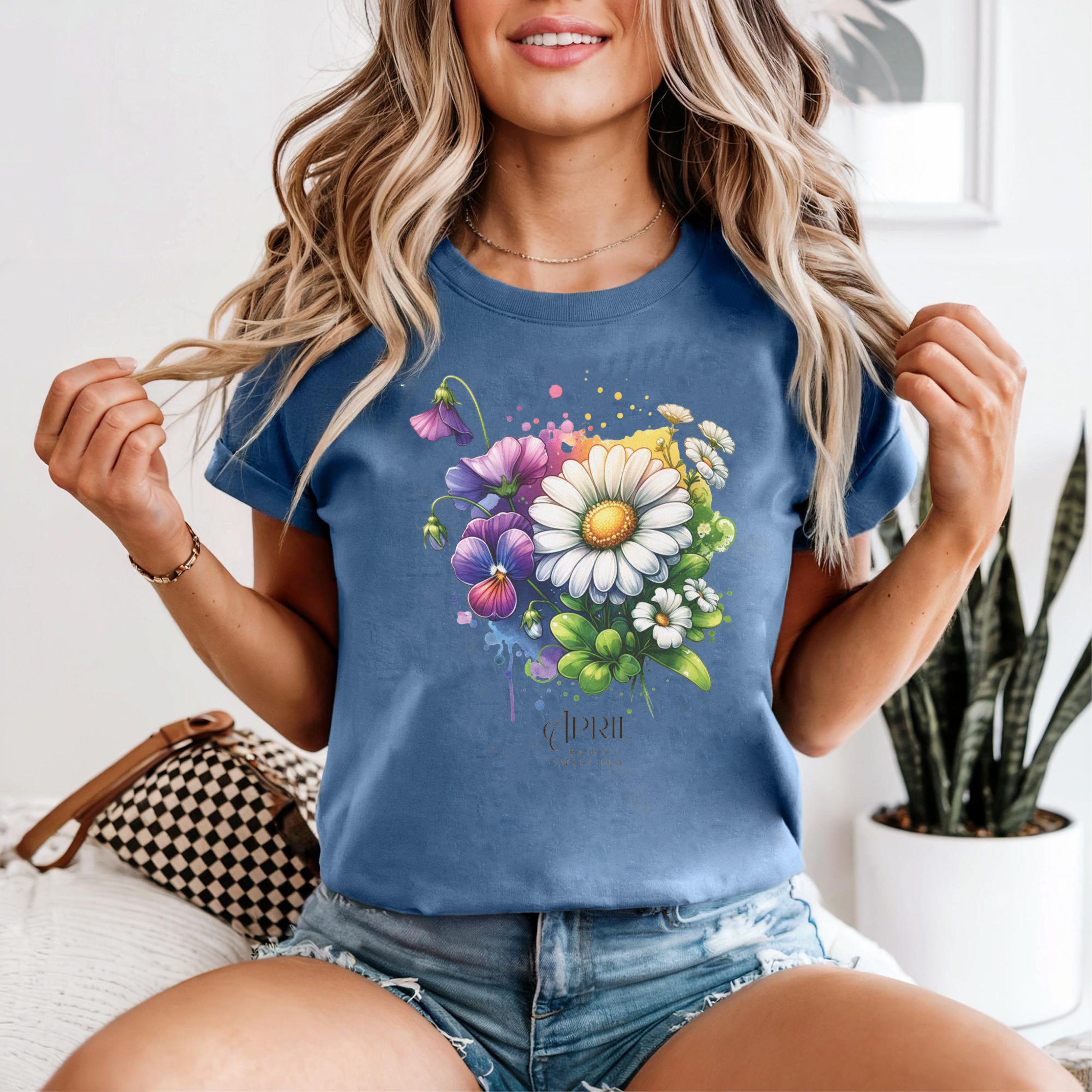 April Daisy Sweet Pea Shirt, April Birth Flower T-Shirt, April Birthday Gift Tee, Watercolor Floral Shirt, Custom Month Flower Tee