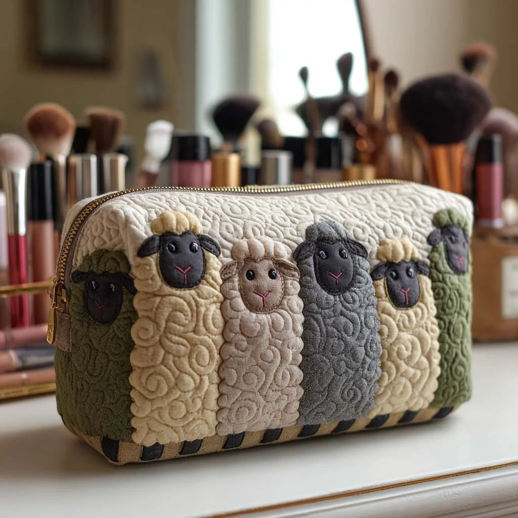 Quilted Sheep Makeup Bag, Farm Animal Cosmetic Bag, Cute Lamb Travel Toiletry Pouch, Country Cottage Zipper Organizer, Gift for Sheep Lovers – QMBPETAL73
