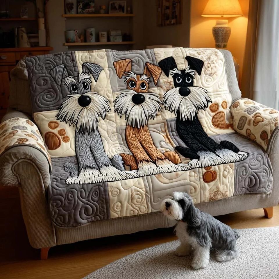 Schnauzer Dog Quilted Sofa Cover, Cute Dog Pattern Sofa Cover, Patchwork Couch Throw, Sofa Protector, Holiday Sofa Decor QUILTSOFA61