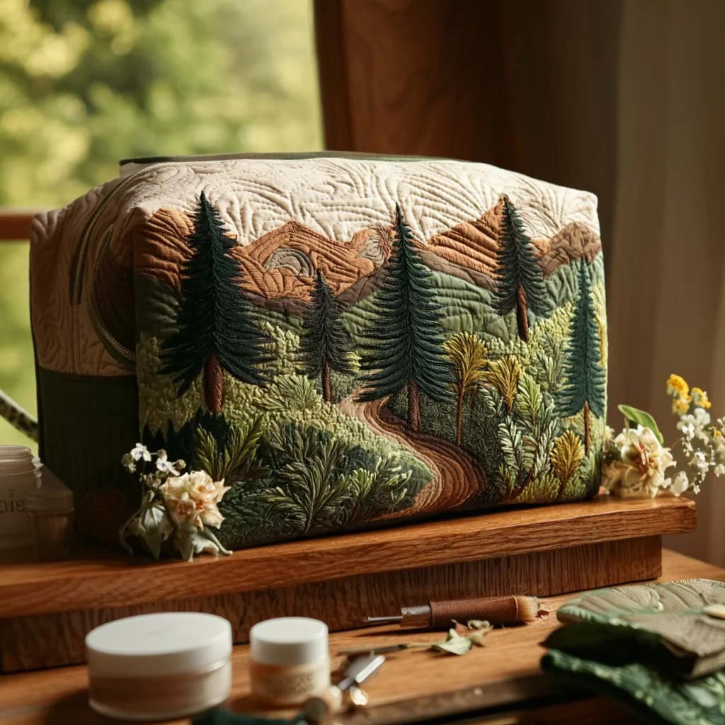 Quilted Mountain Forest Makeup Bag, Woodland Landscape Cosmetic Bag, Nature Travel Toiletry Pouch, Hiking Adventure Zipper Organizer, Gift for Outdoor Lovers – QMBPETAL74