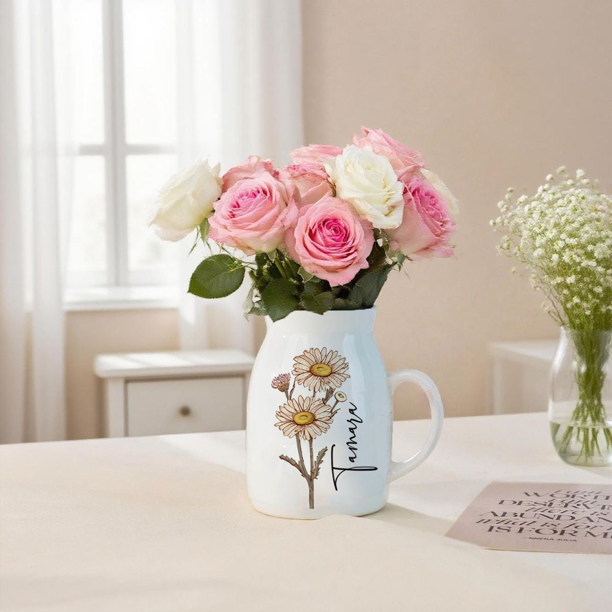 Personalized Birth Flower Ceramic Vase, Custom Name Flower Pot, Floral Monthly Bloom Vase, Unique Gift for Women & Home Decor