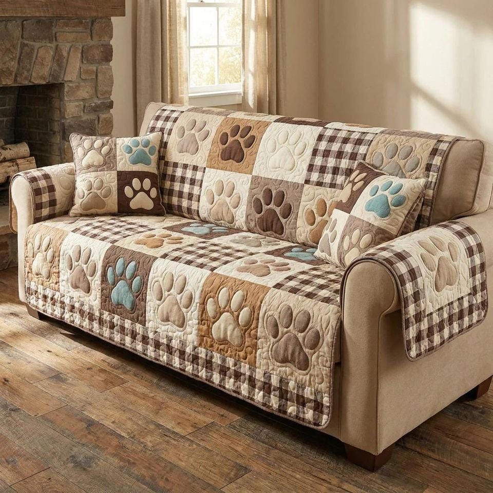 Pet Paw Quilted Sofa Cover, Paw Pattern Sofa Cover, Patchwork Couch Throw, Sofa Protector, Holiday Sofa Decor QUILTSOFA63