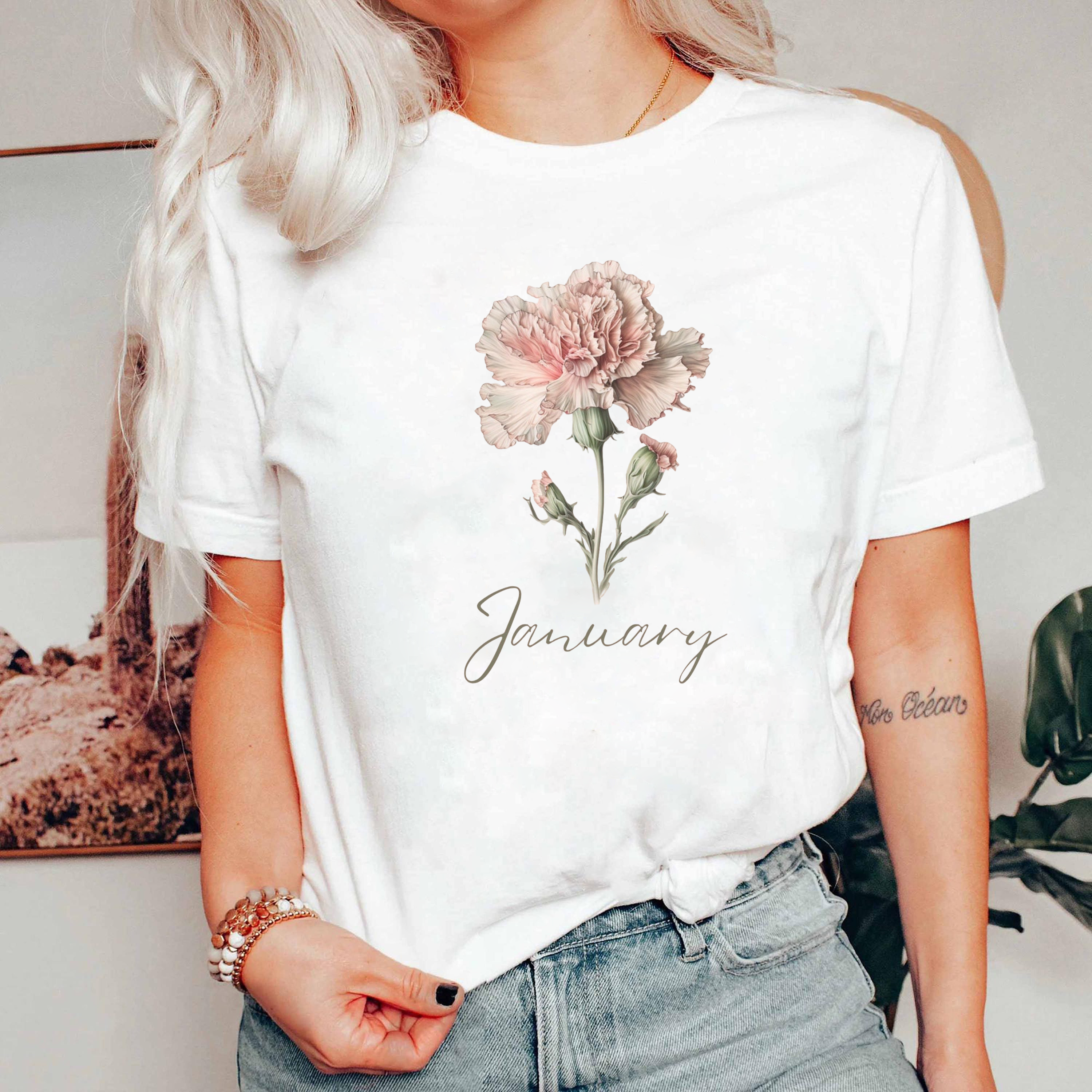 January Birth Flower Shirt, Carnation Flower Tee, Birth Month Floral T-Shirt, Carnation Gift Tee, January Birthday Flower Shirt