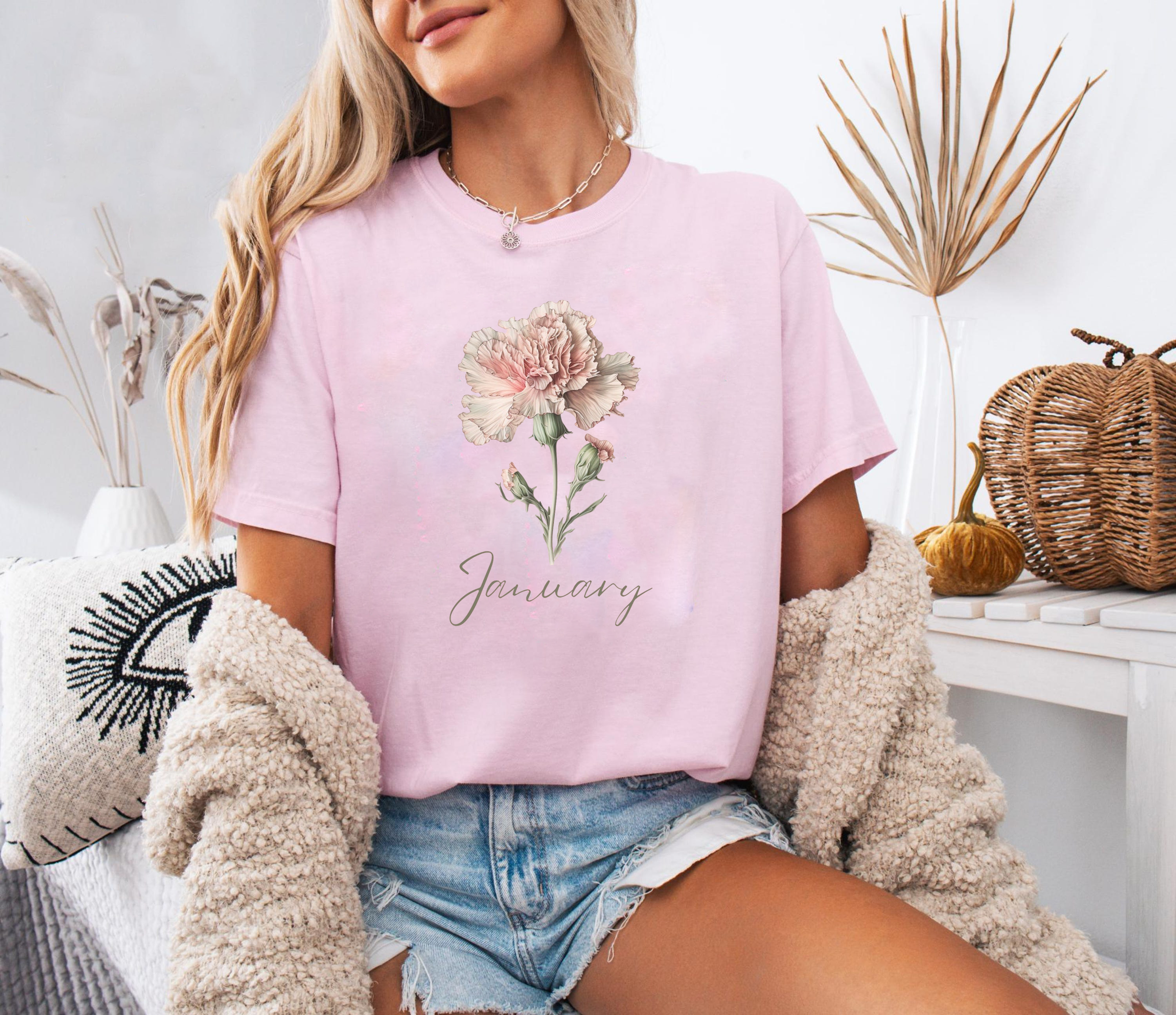 January Birth Flower Shirt, Carnation Flower Tee, Birth Month Floral T-Shirt, Carnation Gift Tee, January Birthday Flower Shirt
