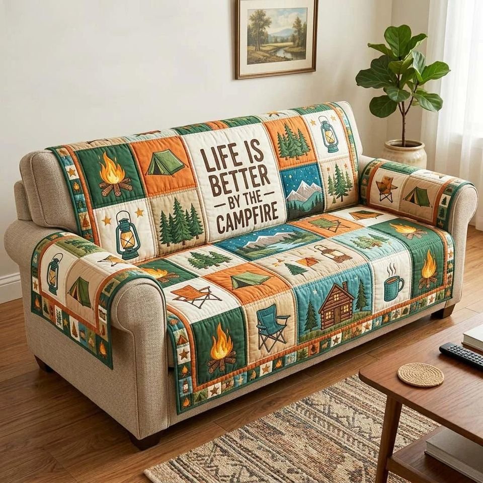 Camping Quilted Sofa Cover, Camfire Pattern Sofa Cover, Patchwork Couch Throw, Sofa Protector, Holiday Sofa Decor QUILTSOFA64
