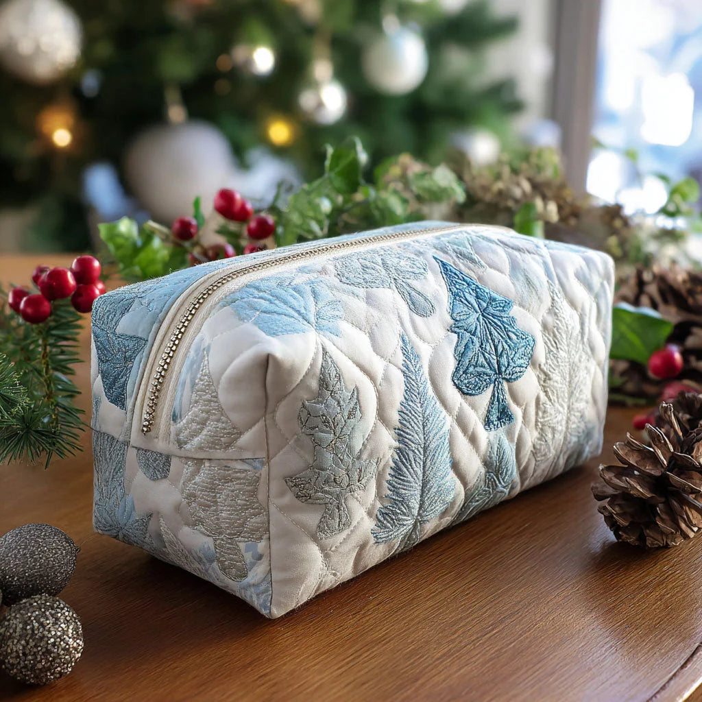 Quilted Winter Woodland Makeup Bag, Blue Pine Tree Cosmetic Bag, Snowy Forest Travel Toiletry Pouch, Christmas Zipper Organizer, Holiday Gift for Women – QMBPETAL75
