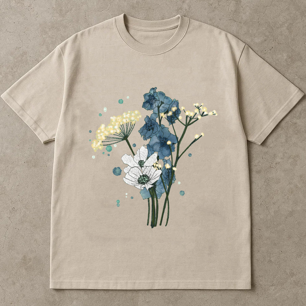 July Birth Flower Shirt, Delphinium Floral Tee, Boho Wildflower T-Shirt, Baby’s Breath Tee, Watercolor Flower Shirt Gift for Her