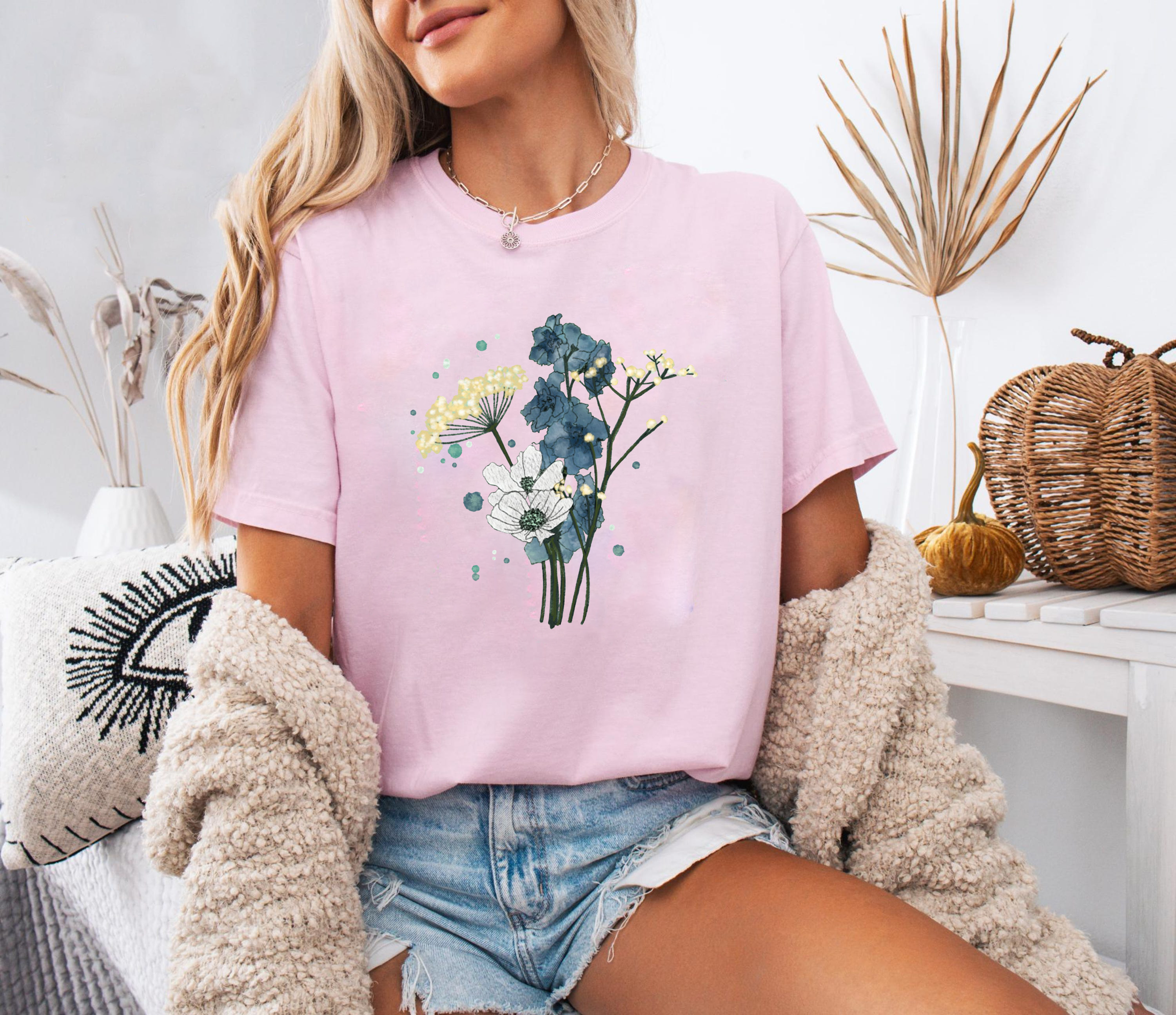 July Birth Flower Shirt, Delphinium Floral Tee, Boho Wildflower T-Shirt, Baby’s Breath Tee, Watercolor Flower Shirt Gift for Her