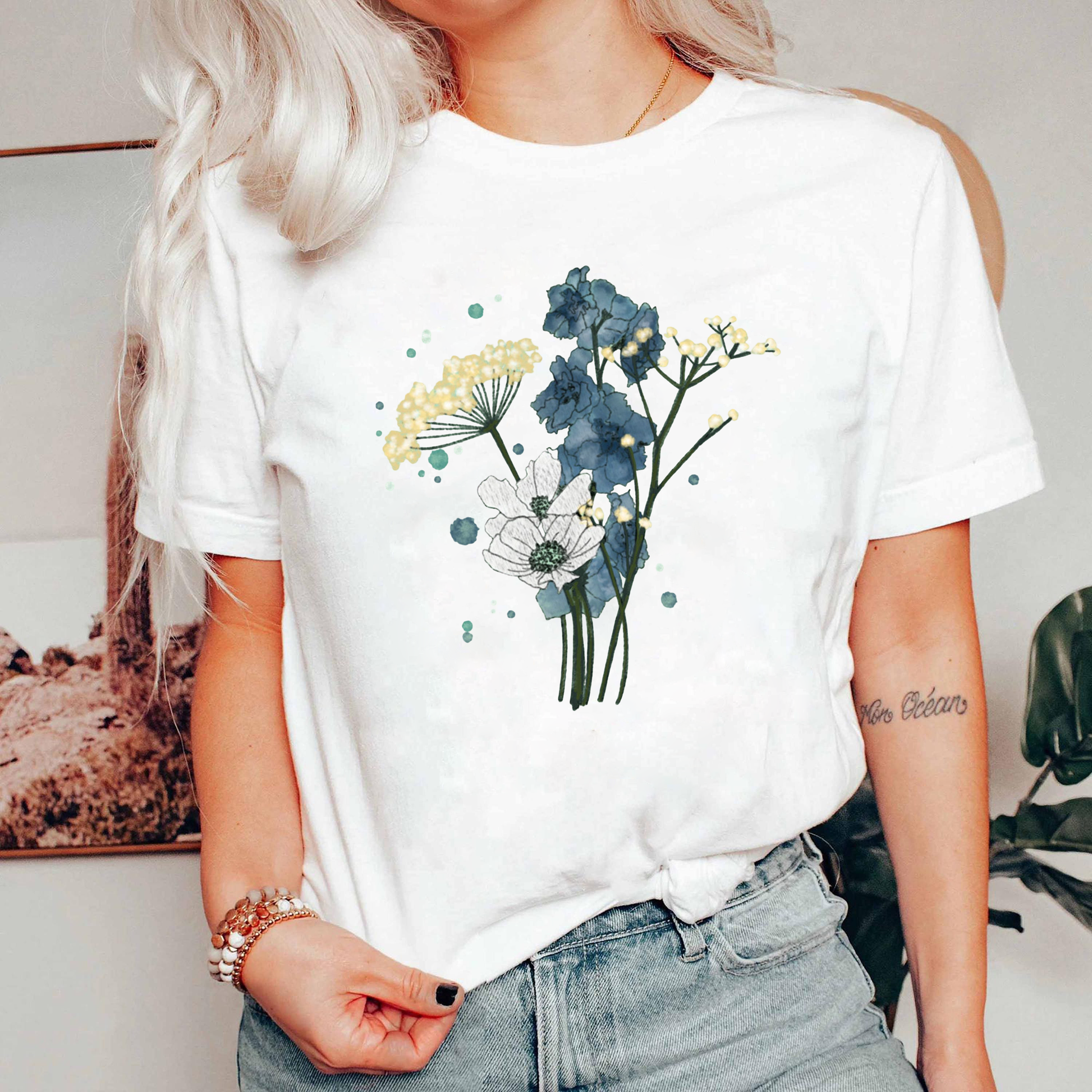 July Birth Flower Shirt, Delphinium Floral Tee, Boho Wildflower T-Shirt, Baby’s Breath Tee, Watercolor Flower Shirt Gift for Her