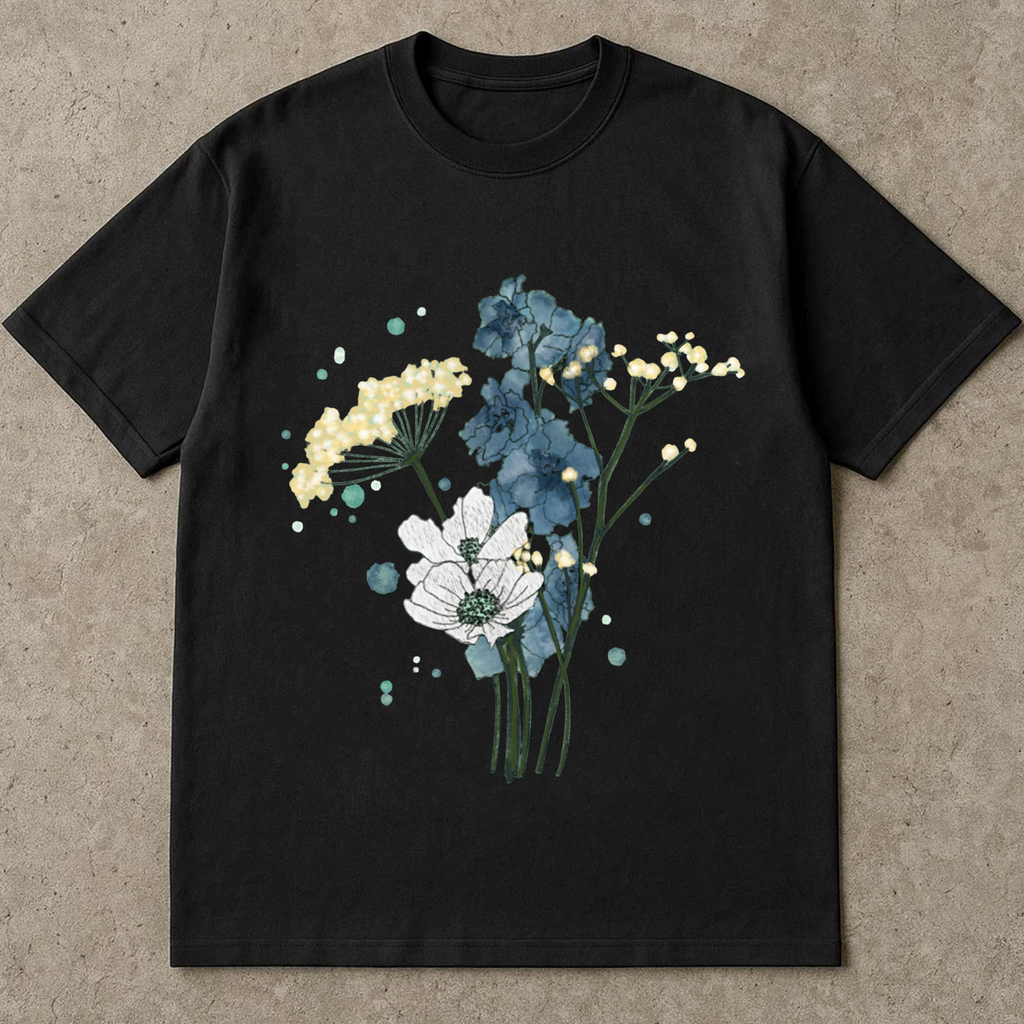 July Birth Flower Shirt, Delphinium Floral Tee, Boho Wildflower T-Shirt, Baby’s Breath Tee, Watercolor Flower Shirt Gift for Her
