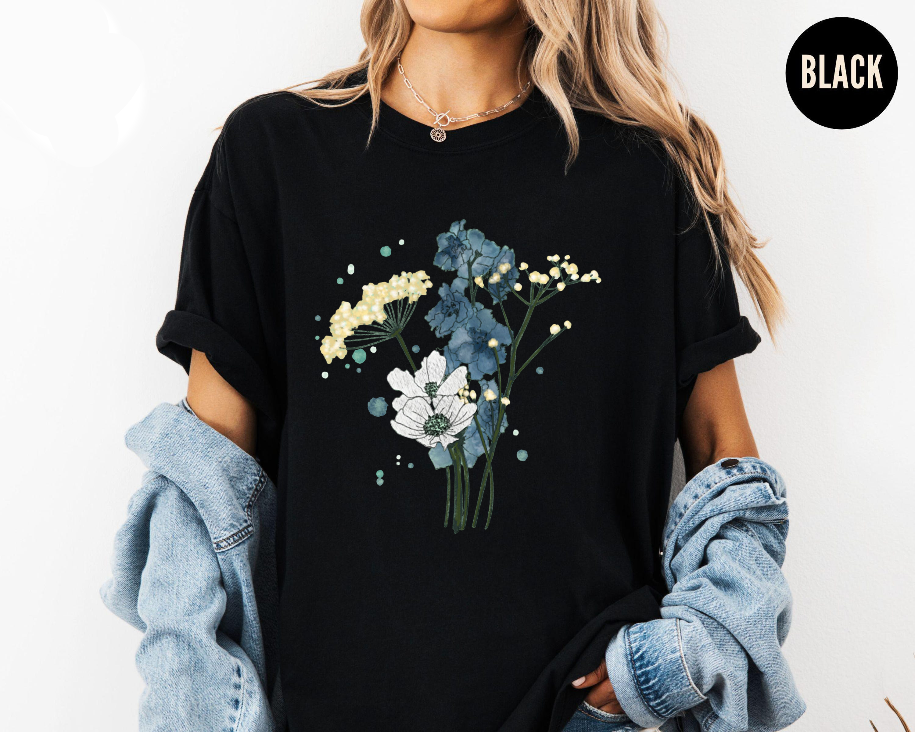 July Birth Flower Shirt, Delphinium Floral Tee, Boho Wildflower T-Shirt, Baby’s Breath Tee, Watercolor Flower Shirt Gift for Her