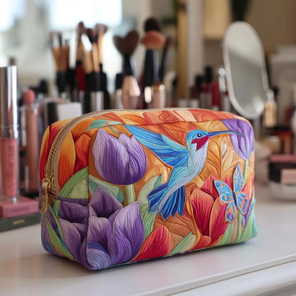 Quilted Hummingbird & Tulip Makeup Bag, Colorful Floral Cosmetic Bag, Butterfly Travel Toiletry Pouch, Spring Garden Zipper Organizer, Gift for Nature Lovers – QMBPETAL76