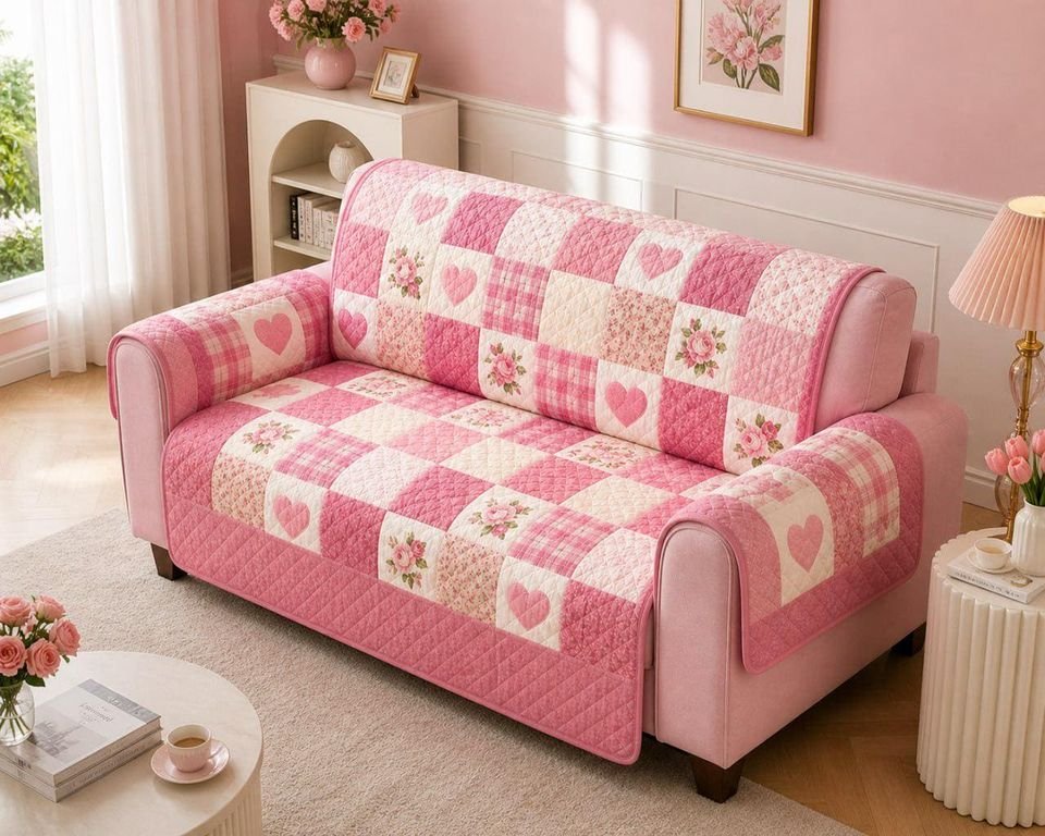 Pink Heart Quilted Sofa Cover, Pink Pattern Sofa Cover, Patchwork Couch Throw, Sofa Protector, Holiday Sofa Decor QUILTSOFA65