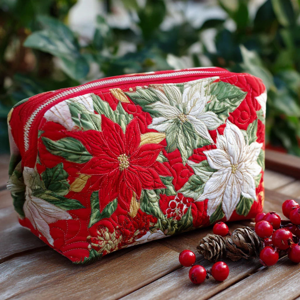 Quilted Christmas Poinsettia Makeup Bag, Red Holiday Floral Cosmetic Bag, Winter Toiletry Pouch, Festive Zipper Organizer, Christmas Gift for Women – QMBPETAL77