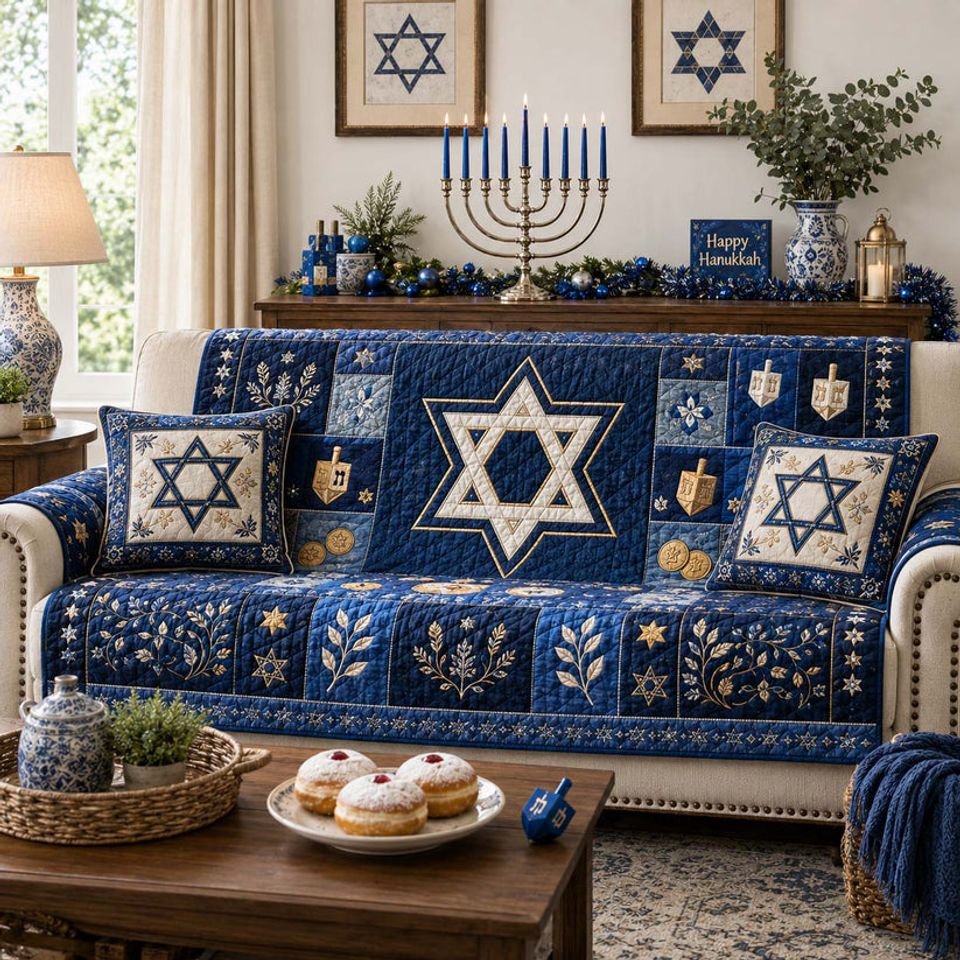 Royal Hanukkah Mosaic Quilted Sofa Cover, Hanukkah Pattern Sofa Cover, Patchwork Couch Throw, Sofa Protector, Holiday Sofa Decor QUILTSOFA66