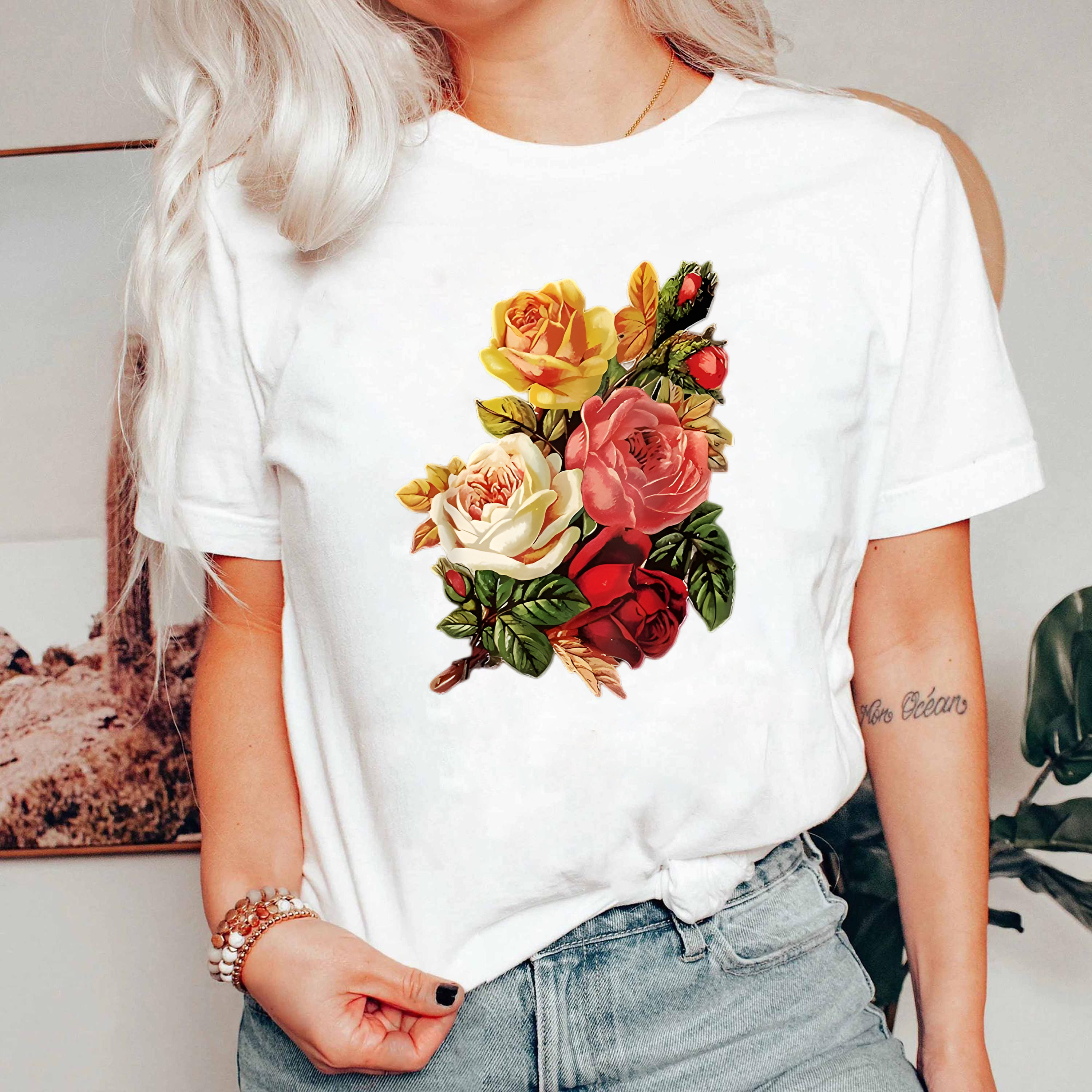 Colorful Rose Bouquet Shirt, Vintage Floral T-Shirt, Botanical Garden Tee, Romantic Flower Shirt, Cottagecore Style Tee