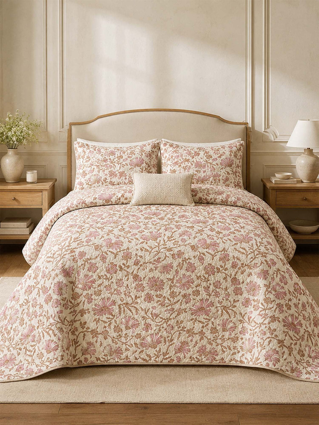 Blush Pink Floral Quilted Bedding Set, Vintage Botanical Flowers Patchwork Bedspread with Pillowcases, Festive Winter Bedroom Decor, Bedding Decor PTBED26