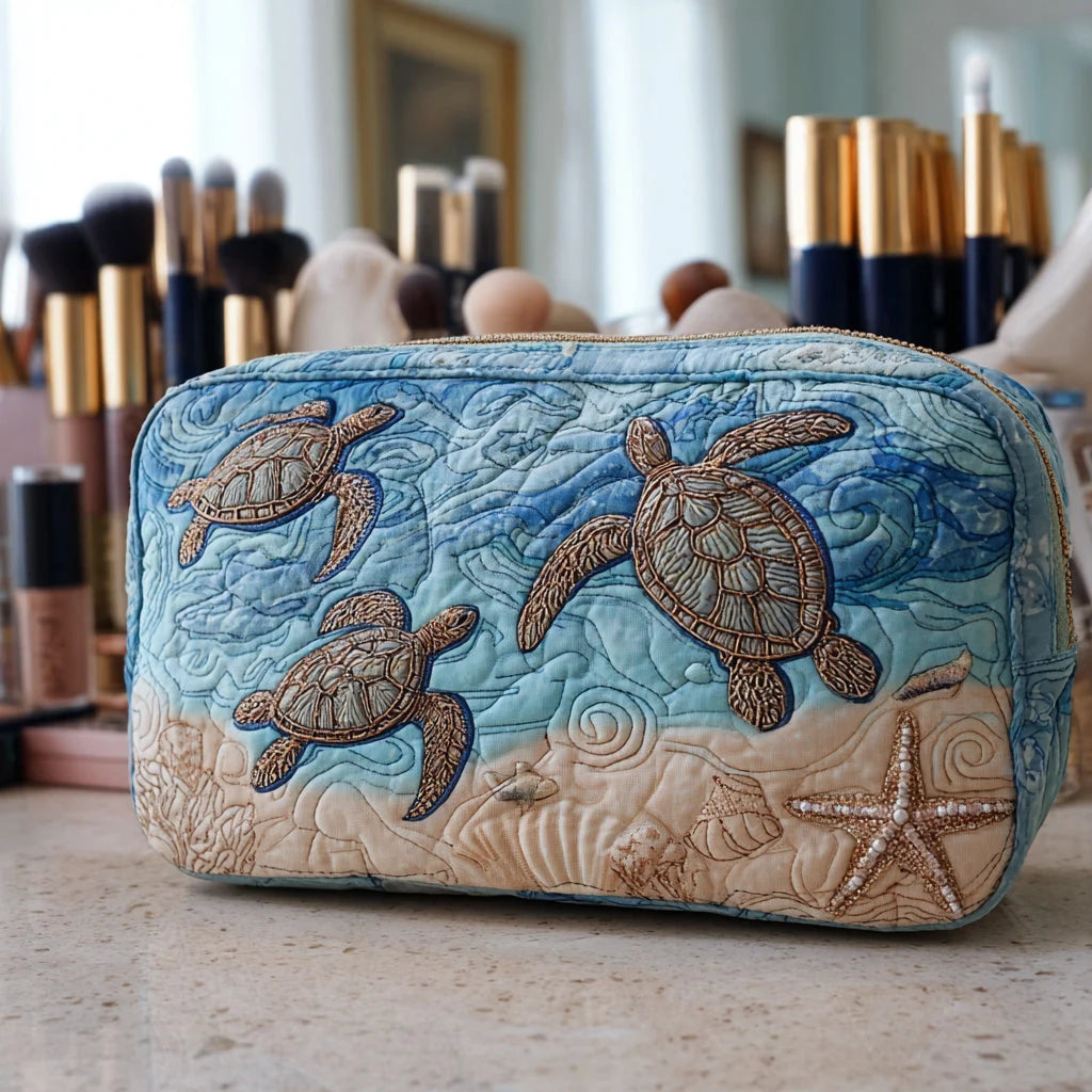 Quilted Sea Turtle Makeup Bag, Coastal Ocean Cosmetic Bag, Beach Travel Toiletry Pouch, Sea Life Zipper Organizer, Gift for Turtle Lovers – QMBPETAL78
