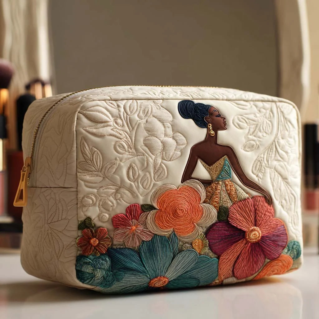 Quilted Elegant Black Woman Makeup Bag, Floral Art Cosmetic Bag, African American Travel Toiletry Pouch, Boho Zipper Organizer, Gift for Her – QMBPETAL79