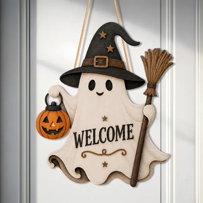Ghost Welcome Door Hanger, Cute Halloween Ghost Sign, Witch Hat Decor, Wooden Halloween Door Sign. HLWDHPETAL02