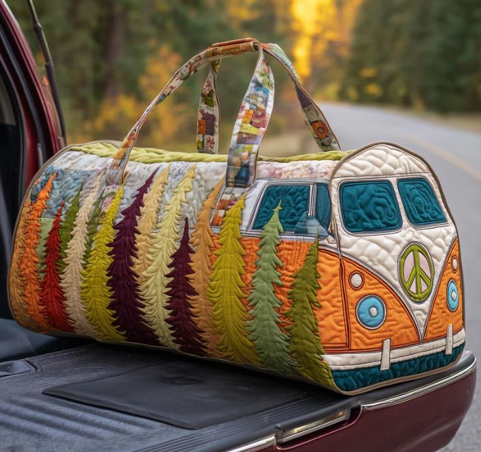 Autumn Camper Van Quilted Duffle Bag – Fall Leaves Boho Travel Weekender Tote, Cozy Outdoor Overnight Bag, Cute Vintage Duffel Gift for Women