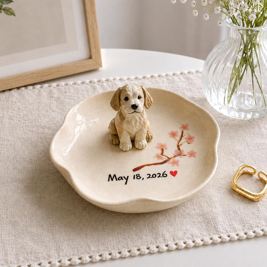 Personalized Dog Ring Dish, Ceramic Pet Jewelry Tray, Cherry Blossom Keepsake. CPPETAL14