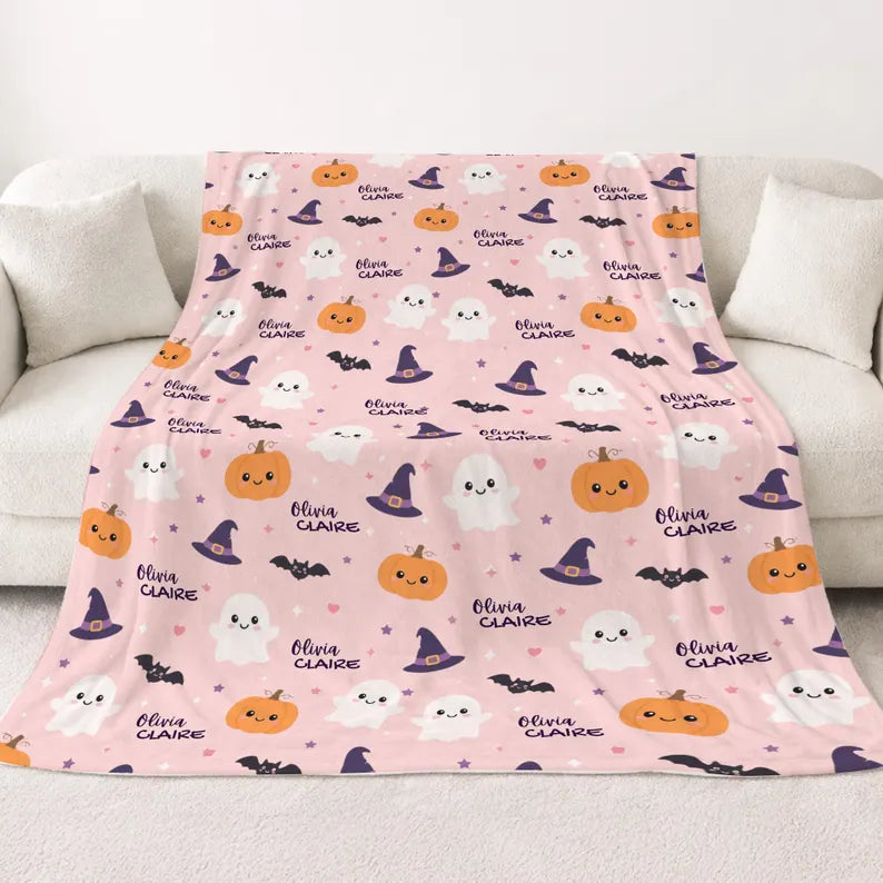 Personalized Halloween Baby Newborn Girl Boy Blanket | Custom Baby Name Blanket | Baby's First Halloween Gift | Cute Ghost Pumpkin Blanket. BLKPETAL9