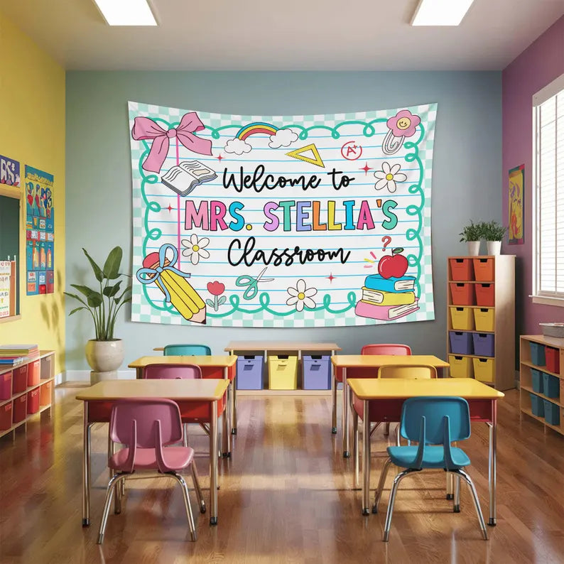 Personalized Teacher Tapestry, Custom Welcome Classroom Banner with Name, Back To School, First Day of School Gifts, Gift for Teacher. CBPETAL01
