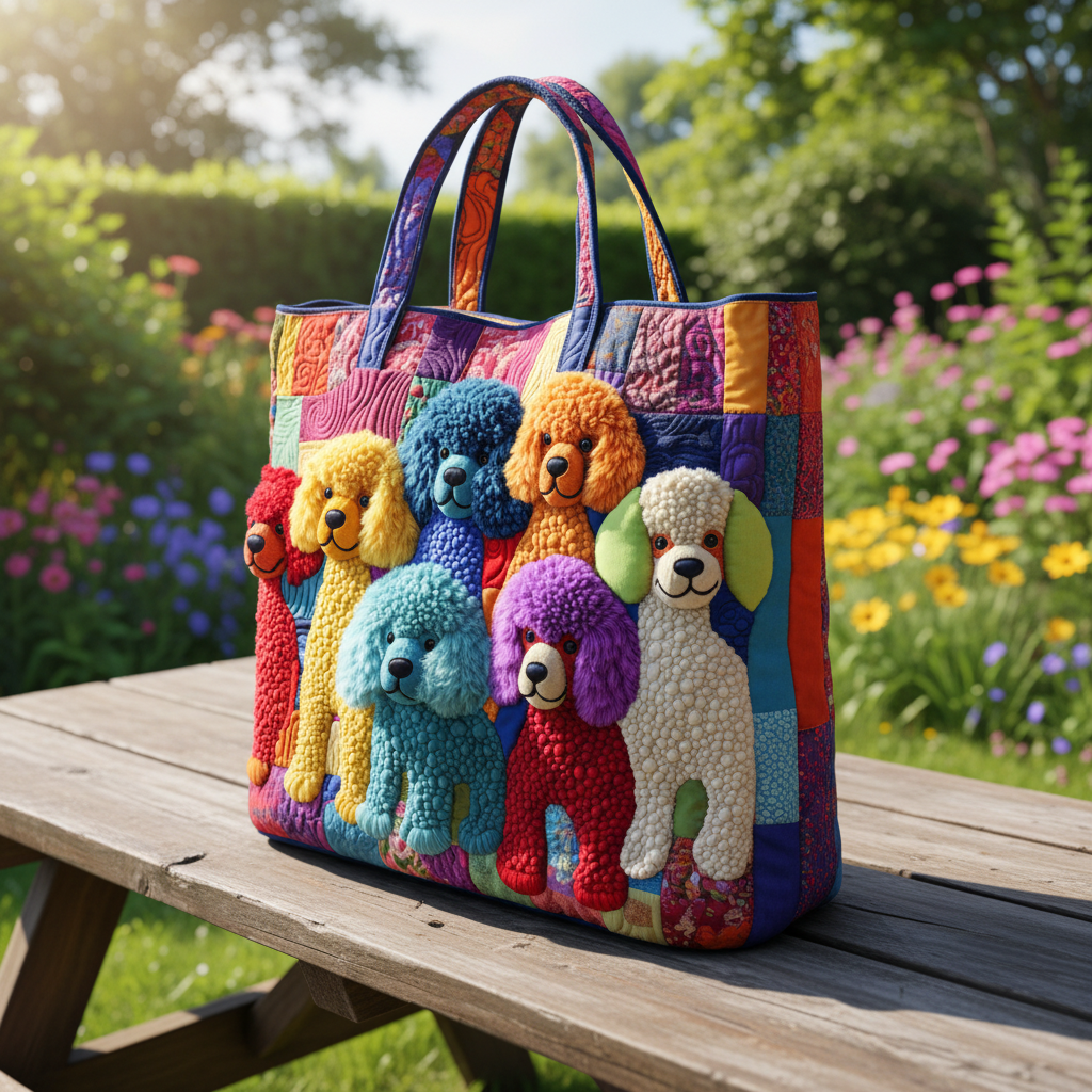 Colorful Poodle Quilted Tote Bag – Cute Dog Patchwork Shoulder Bag, Kawaii Puppy Market Tote, Pet Lover Gift for Women
